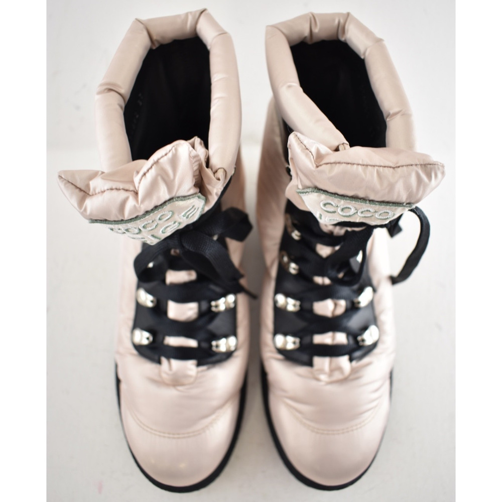 Chanel 18B Coco Neige Pink Black CC Logo Snow Winter Lace Up Tie Combat Boots 37 - Picture 10 of 16